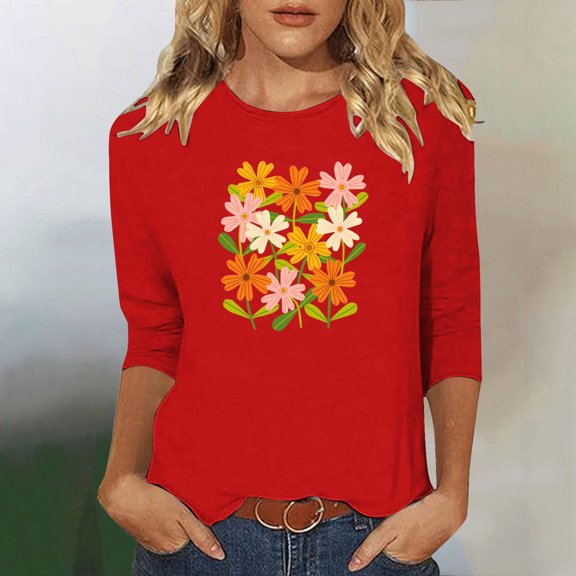 Runfenguu Plus Size Graphic Tees Funny T Shirts Ladies' Fashion Floral Printed Round Neck 3/4 Sleeve T-Shirt Shirt Sleeve Round Neck Top/Shirt