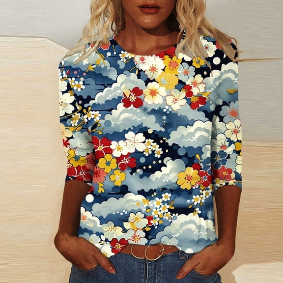 Runfenguu Plus Size Graphic Tees Graphic Tees For Women Trendy Ladies' Fashion Printed Round Neck Three Quarter Sleeve 3/4 Sleeve T-Shirt Loose