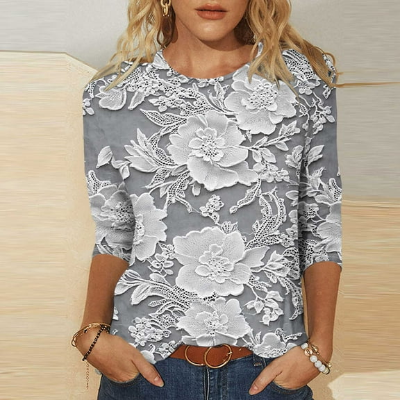 Runfenguu Plus Size Graphic Tees Ladies T Shirts Women Casual Printed Round Neck Three Quarter Sleeve 3/4 Sleeve T-Shirt Loose