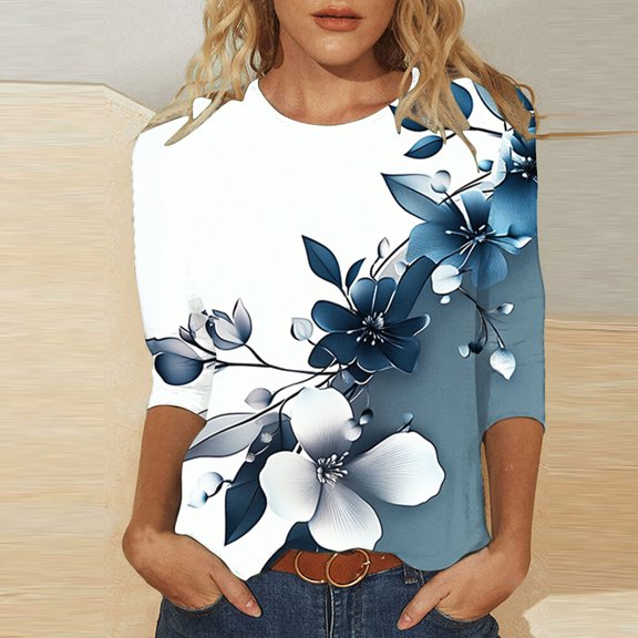 Runfenguu Plus Size Graphic Tees Ladies T Shirts Women'S Printed Round Neck Three Quarter Sleeve 3/4 Sleeve T-Shirt Loose