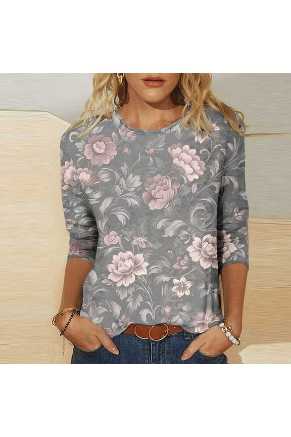 Plus Size Graphic Tees Oversized Tees Ladies' Fashion Printed Round Neck Three Quarter Sleeve 3/4 Sleeve T-Shirt Loose