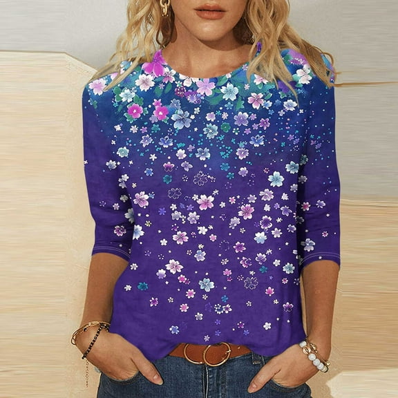 Runfenguu Plus Size Graphic Tees Oversized Tees Women'S Floral Print Round Neck Three Quarter Sleeve 3/4 Sleeve T-Shirt Loose