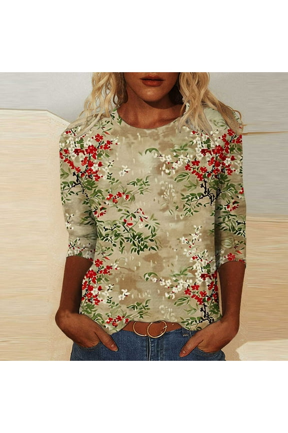 Plus Size Graphic Tees Womens Graphic Tees Ladies' Fashion Printed Round Neck Three Quarter Sleeve 3/4 Sleeve T-Shirt Loose