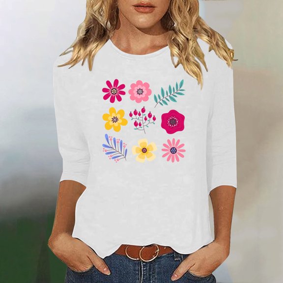 Runfenguu Plus Size Graphic Tees Womens T Shirts Loose Fits Ladies' Fashion Floral Printed Round Neck 3/4 Sleeve T-Shirt Shirt Sleeve Round Neck Top/Shirt