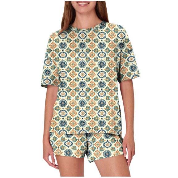 Runfenguu Shorts Sets Women 2 Piece Outfits Women'S Casual Loose Printing Round Neck Short Sleeved Shorts Pajamas Suit