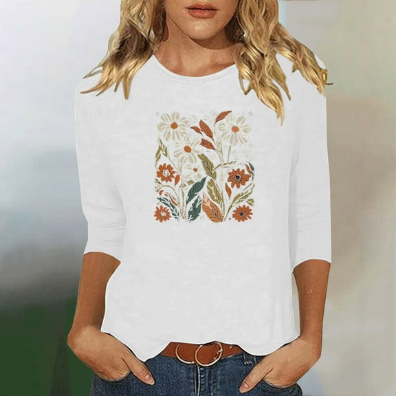 Runfenguu Over Sized T Shirt Women Oversized Graphic Tees For Women Ladies' Fashion Floral Printed Round Neck 3/4 Sleeve T-Shirt Shirt Sleeve Round Neck Top/Shirt