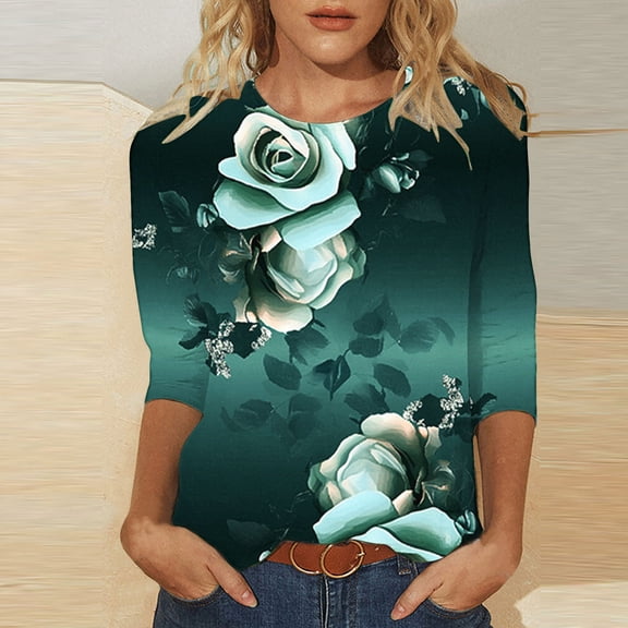 Runfenguu Spring Top For Women Funny T Shirts Women'S Printed Round Neck Three Quarter Sleeve 3/4 Sleeve T-Shirt Loose