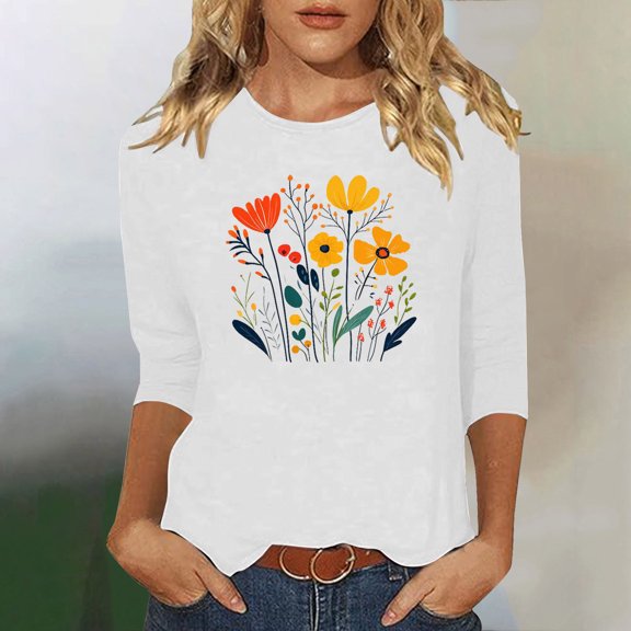 Runfenguu Spring Top For Women Graphic T Shirts Ladies' Fashion Floral Printed Round Neck 3/4 Sleeve T-Shirt Shirt Sleeve Round Neck Top/Shirt