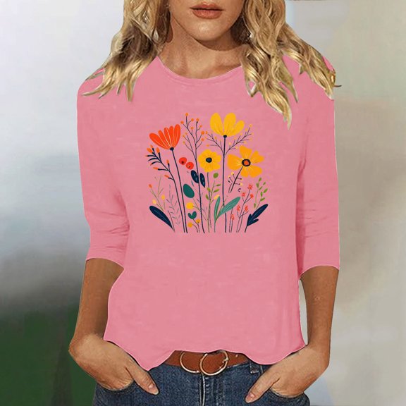 Runfenguu Spring Top For Women Graphic T Shirts Ladies' Fashion Floral Printed Round Neck 3/4 Sleeve T-Shirt Shirt Sleeve Round Neck Top/Shirt