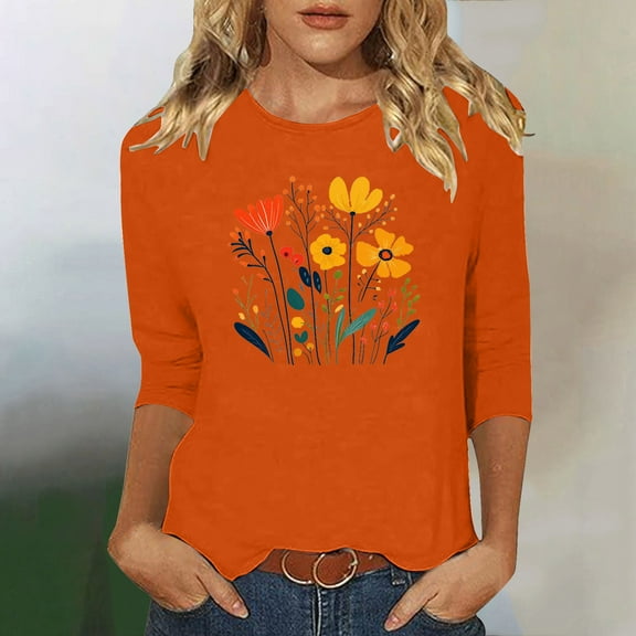 Runfenguu Spring Top For Women Graphic T Shirts Ladies' Fashion Floral Printed Round Neck 3/4 Sleeve T-Shirt Shirt Sleeve Round Neck Top/Shirt