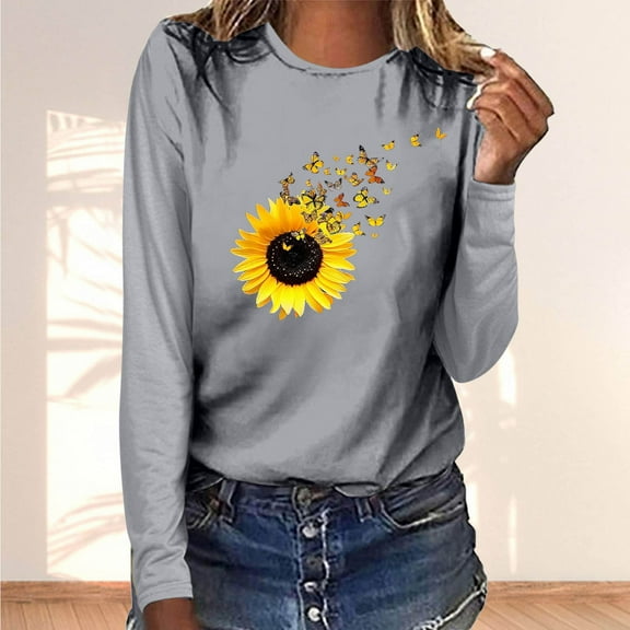 Runfenguu Spring Top For Women Graphic Tees For Women Trendy Women'S Casual Fashion Long-Sleeve Crewneck Pullover Round-Neck Printing T-Shirt