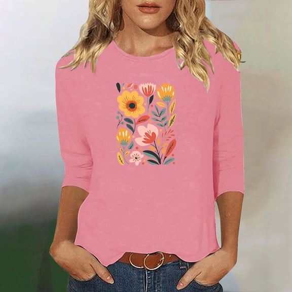 Runfenguu Spring Top For Women Oversized Tees Ladies' Fashion Floral Printed Round Neck 3/4 Sleeve T-Shirt Shirt Sleeve Round Neck Top/Shirt