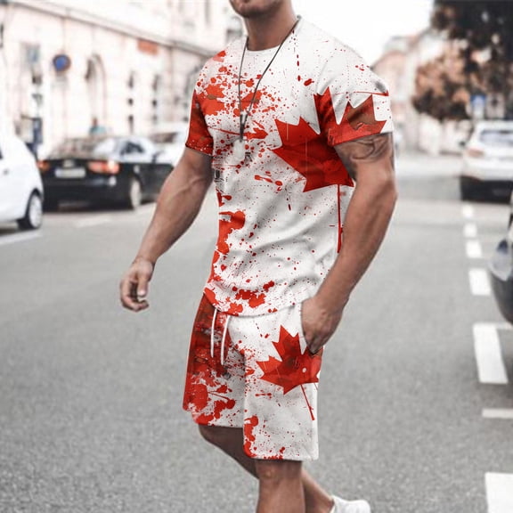 Runfenguu Suits For Men, Outfits For Menmen Casual Round Neck Printing Short Sleeve Blouse And Shorts Pants Suit