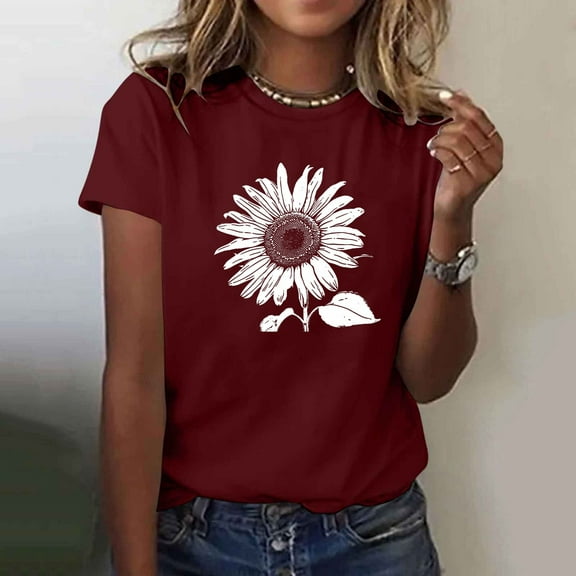 Runfenguu Summer Top For Womens Fashion Shirts Flower Graphic Printed Casual Crewneck Oversized Tshirts Blouse