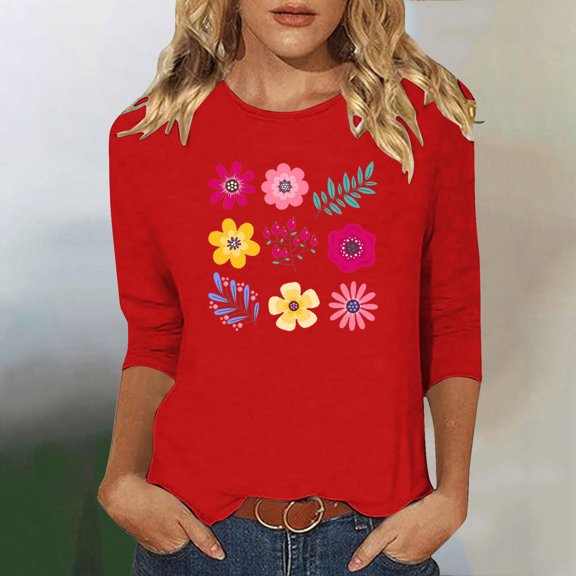 Runfenguu Top For Women Funny T Shirts Ladies' Fashion Floral Printed Round Neck 3/4 Sleeve T-Shirt Shirt Sleeve Round Neck Top/Shirt