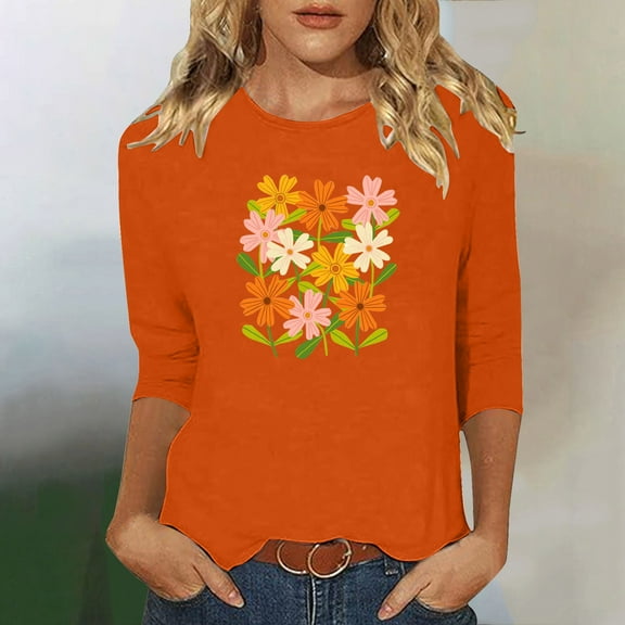 Runfenguu Top For Women Funny T Shirts Ladies' Fashion Floral Printed Round Neck 3/4 Sleeve T-Shirt Shirt Sleeve Round Neck Top/Shirt