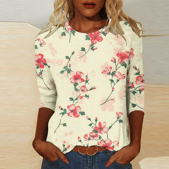 Runfenguu Top For Women Funny T Shirts Ladies' Fashion Printed Round Neck Three Quarter Sleeve 3/4 Sleeve T-Shirt Loose