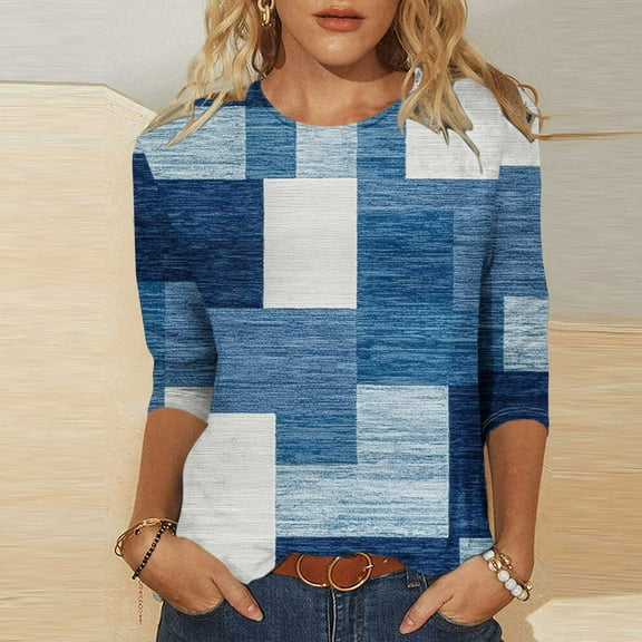 Runfenguu Top For Women Funny T Shirts Women Checkered Casual Printed Round Neck Three Quarter Sleeve 3/4 Sleeve T-Shirt Loose