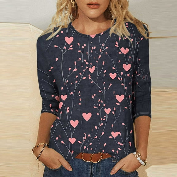 Runfenguu Top For Women Funny T Shirts Women'S Floral Print Round Neck Three Quarter Sleeve 3/4 Sleeve T-Shirt Loose