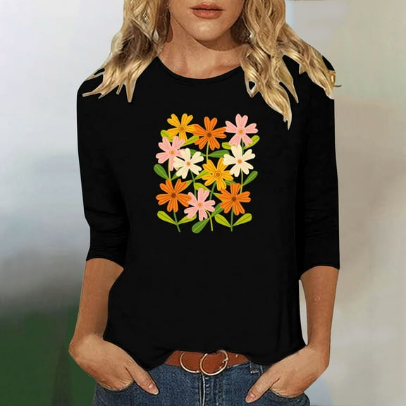 Runfenguu Top For Women Graphic T Shirts Ladies' Fashion Floral Printed Round Neck 3/4 Sleeve T-Shirt Shirt Sleeve Round Neck Top/Shirt