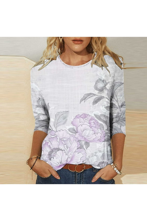 Top For Women Graphic Tees For Women Trendy Ladies' Fashion Printed Round Neck Three Quarter Sleeve 3/4 Sleeve T-Shirt Loose