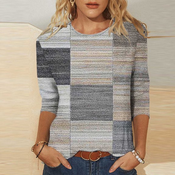 Runfenguu Top For Women Graphic Tees For Women Trendy Women Checkered Casual Printed Round Neck Three Quarter Sleeve 3/4 Sleeve T-Shirt Loose