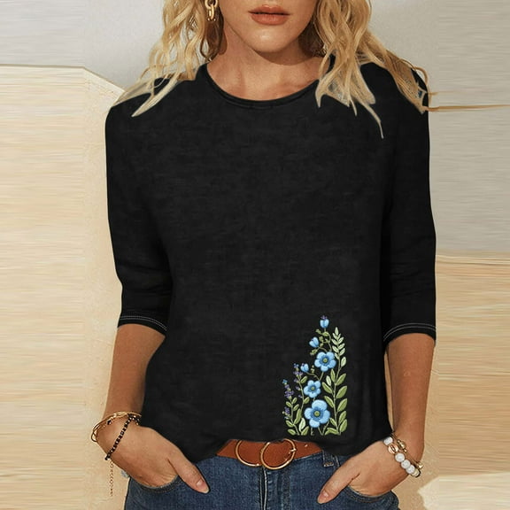 Runfenguu Top For Women Ladies T Shirts Ladies' Fashion Printed Round Neck Three Quarter Sleeve 3/4 Sleeve T-Shirt Loose
