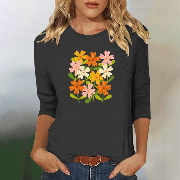 Runfenguu Top For Women Womens T Shirt Dress Ladies' Fashion Floral Printed Round Neck 3/4 Sleeve T-Shirt Shirt Sleeve Round Neck Top/Shirt