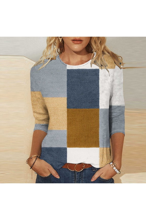 Western Graphic Tees For Women Funny T Shirts Women Checkered Casual Printed Round Neck Three Quarter Sleeve 3/4 Sleeve T-Shirt Loose