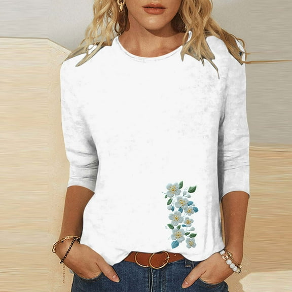 Runfenguu Western Graphic Tees For Women Graphic T Shirts Ladies' Fashion Printed Round Neck Three Quarter Sleeve 3/4 Sleeve T-Shirt Loose