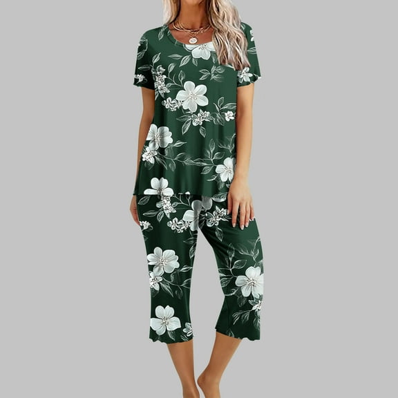 Runfenguu Women 2 Piece Outfits Women'S Casual Floral Print Short Sleeved Round Neck And Cropped Pants Set
