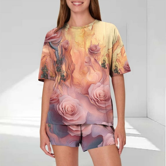 Runfenguu Women Shorts Sets Outfits Women'S Casual Loose Printing Round Neck Short Sleeved Shorts Pajamas Suit