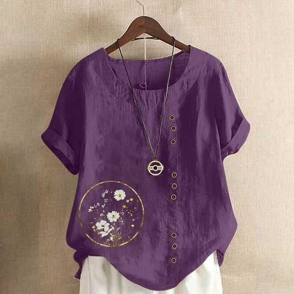 Runfenguu Women's Linen T Shirts Graphic Printed Shirt Summer Casual Top Crew Neck Short Sleeve Shirts