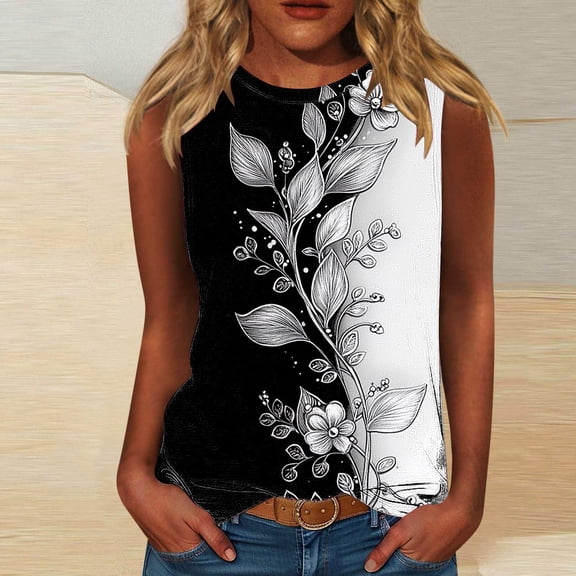 Runfenguu Womens Ribbed Tank Top Plus Size Womens Tank Tops Fashion Women Round Neck Printing Oversized Sleeveless T-Shirt Loose Tank Blouse Swim Tank Top Women