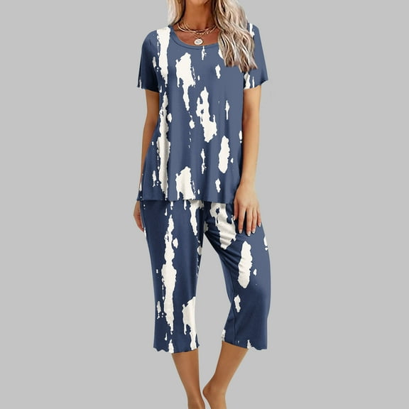 Runfenguu Womens Sets 2 Piece Outfits Women'S Casual Floral Print Short Sleeved Round Neck And Cropped Pants Set