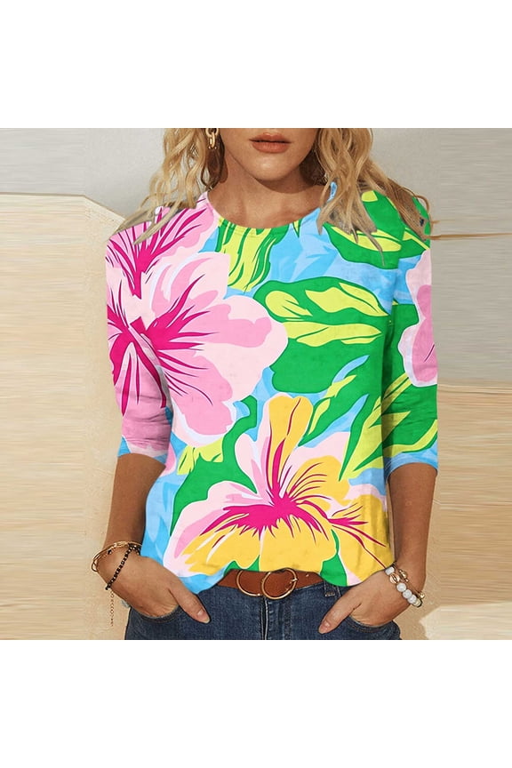Workout Top For Women Funny T Shirts Women Vacation Style Floral Leisure Print Round Neck Three Quarter Sleeve 3/4 Sleeve T-Shirt Loose