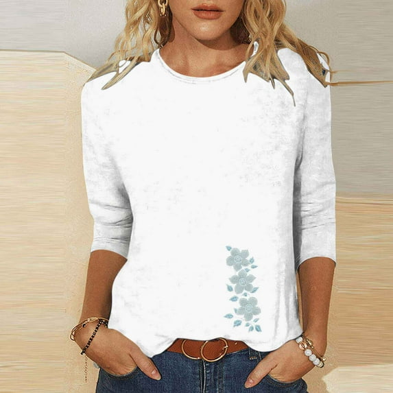 Runfenguu Workout Top For Women Ladies T Shirts Ladies' Fashion Printed Round Neck Three Quarter Sleeve 3/4 Sleeve T-Shirt Loose