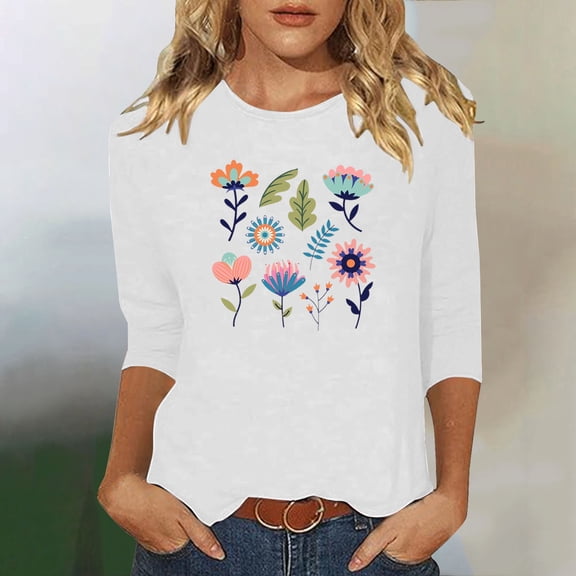 Runfenguu Workout Top For Women Oversized Tees Ladies' Fashion Floral Printed Round Neck 3/4 Sleeve T-Shirt Shirt Sleeve Round Neck Top/Shirt