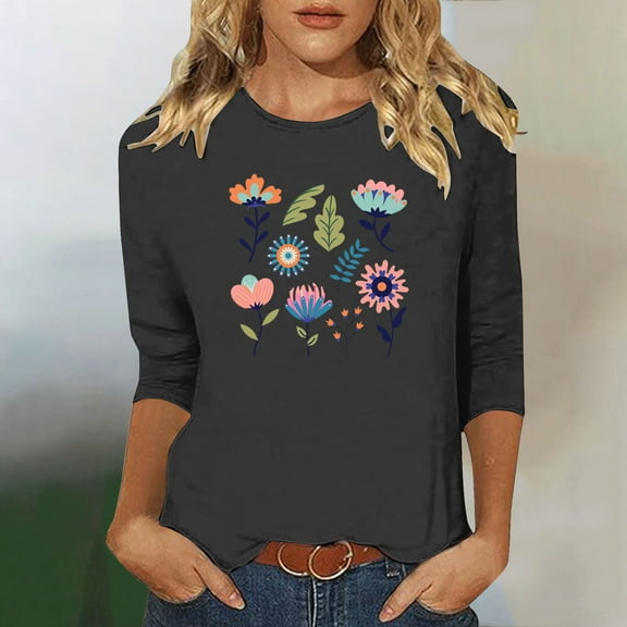 Runfenguu Workout Top For Women Oversized Graphic Tees For Women Ladies' Fashion Floral Printed Round Neck 3/4 Sleeve T-Shirt Shirt Sleeve Round Neck Top/Shirt