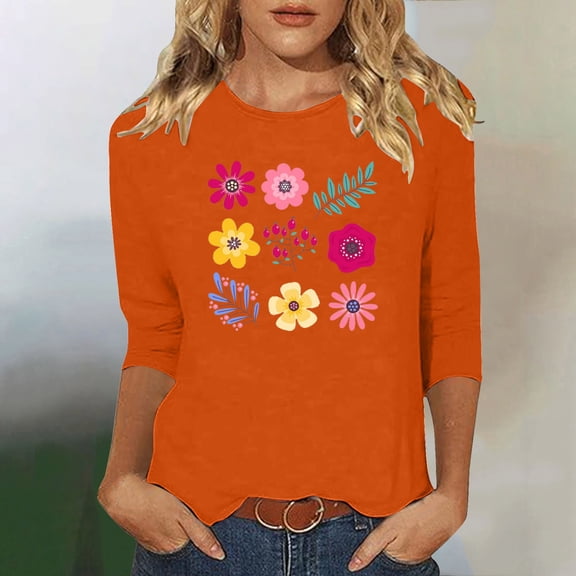 Runfenguu Workout Top For Women Womens T Shirts Loose Fits Ladies' Fashion Floral Printed Round Neck 3/4 Sleeve T-Shirt Shirt Sleeve Round Neck Top/Shirt
