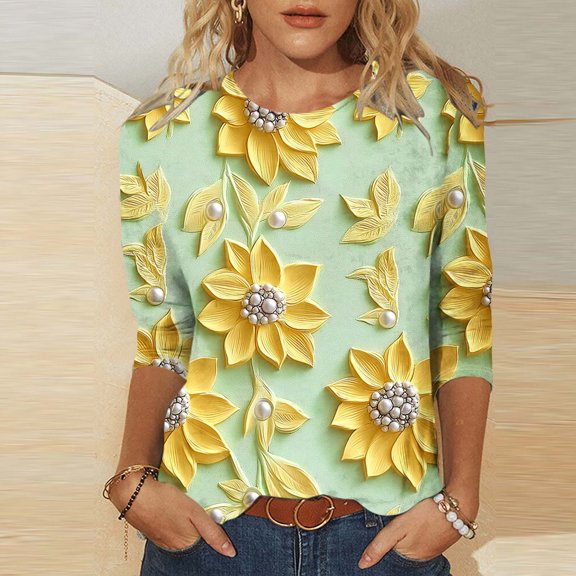 Runfenguu Workout Top For Women Womens T Shirts Loose Fits Women Fashion Painting Floral Printing Casual Printing Round Neck Three Quarter Sleeve 3/4 Sleeve T-Shirt Loose