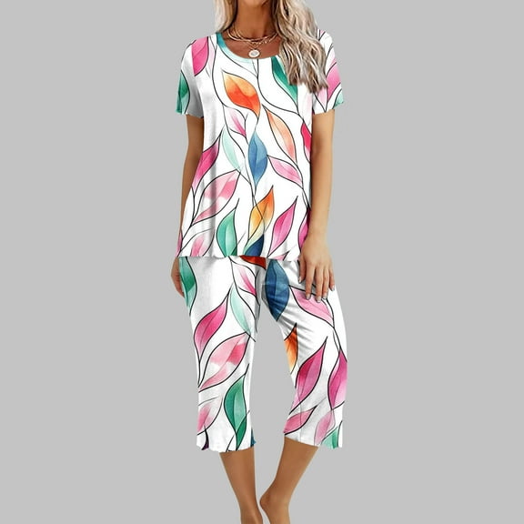 Runfenguu Y2K Outfits For Women Women'S Casual Floral Print Short Sleeved Round Neck And Cropped Pants Set