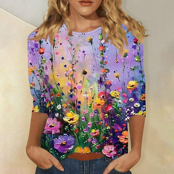 Runfenguu Y2K Top Funny T Shirts Fashionable Women'S Pullover Printed Casual Round Neck 3/4 Sleeve