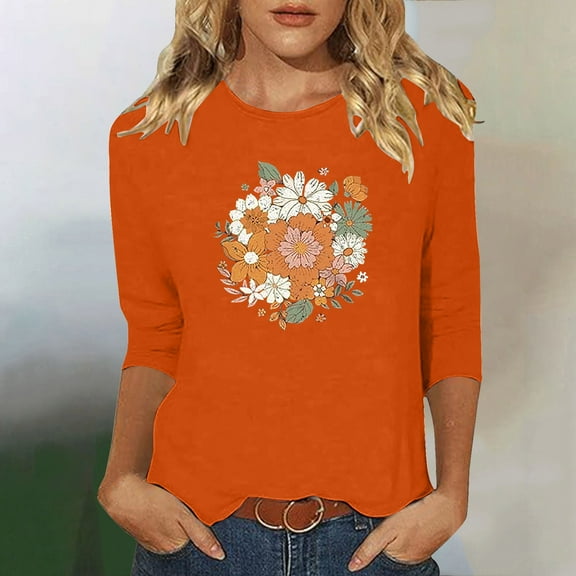 Runfenguu Y2K Top Funny T Shirts Ladies' Fashion Floral Printed Round Neck 3/4 Sleeve T-Shirt Shirt Sleeve Round Neck Top/Shirt