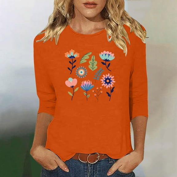 Runfenguu Y2K Top Funny T Shirts Ladies' Fashion Floral Printed Round Neck 3/4 Sleeve T-Shirt Shirt Sleeve Round Neck Top/Shirt