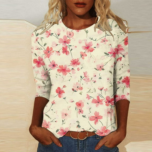 Runfenguu Y2K Top Graphic T Shirts Ladies' Fashion Printed Round Neck Three Quarter Sleeve 3/4 Sleeve T-Shirt Loose