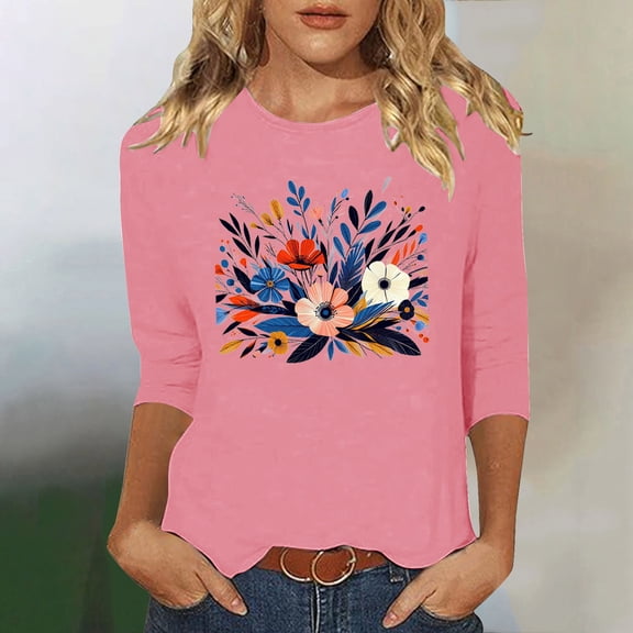 Runfenguu Y2K Top Graphic Tees For Women Trendy Ladies' Fashion Floral Printed Round Neck 3/4 Sleeve T-Shirt Shirt Sleeve Round Neck Top/Shirt