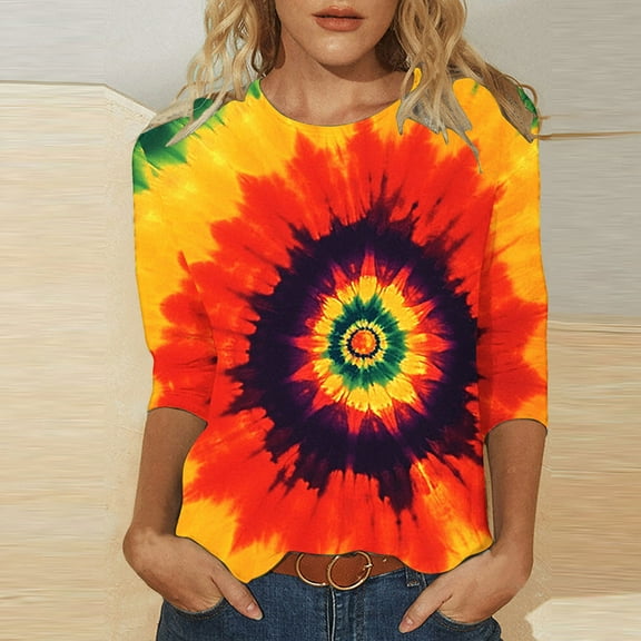 Runfenguu Y2K Top Graphic Tees For Women Trendy Women'S Printed Round Neck Three Quarter Sleeve 3/4 Sleeve T-Shirt Loose