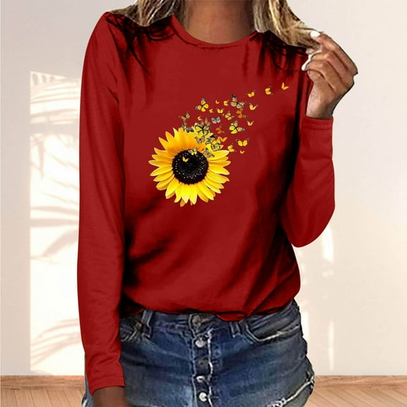 Runfenguu Y2K Top Ladies T Shirts Women'S Casual Fashion Long-Sleeve Crewneck Pullover Round-Neck Printing T-Shirt