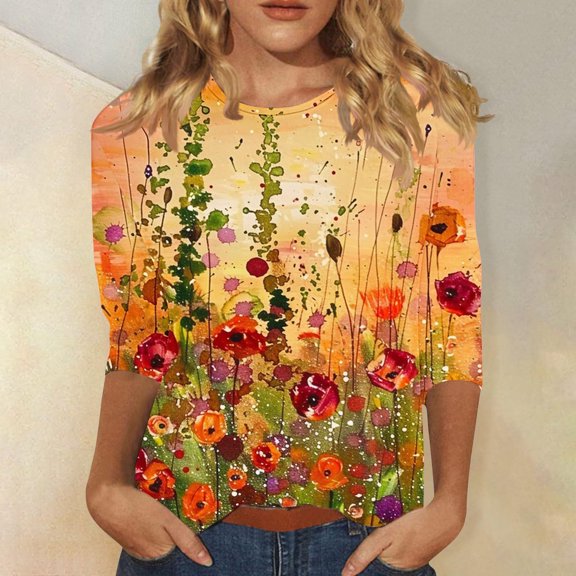 Runfenguu Y2K Top Oversized Graphic Tees For Women Fashionable Women'S Pullover Printed Casual Round Neck 3/4 Sleeve